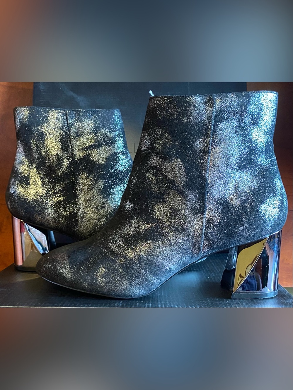 Kendall & Kylie Black And Silver Ankle Booties with Metallic Block 2 1/2” Heel